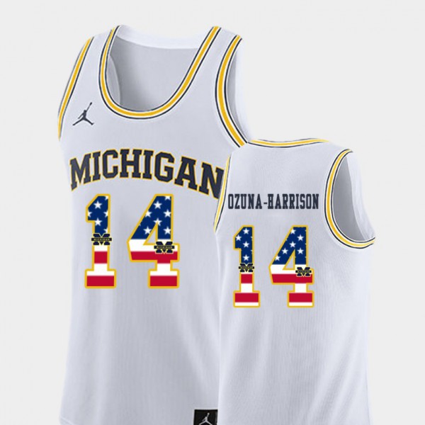 Michigan Wolverines #14 For Men's Rico Ozuna-Harrison Jersey White Stitch USA Flag College Basketball